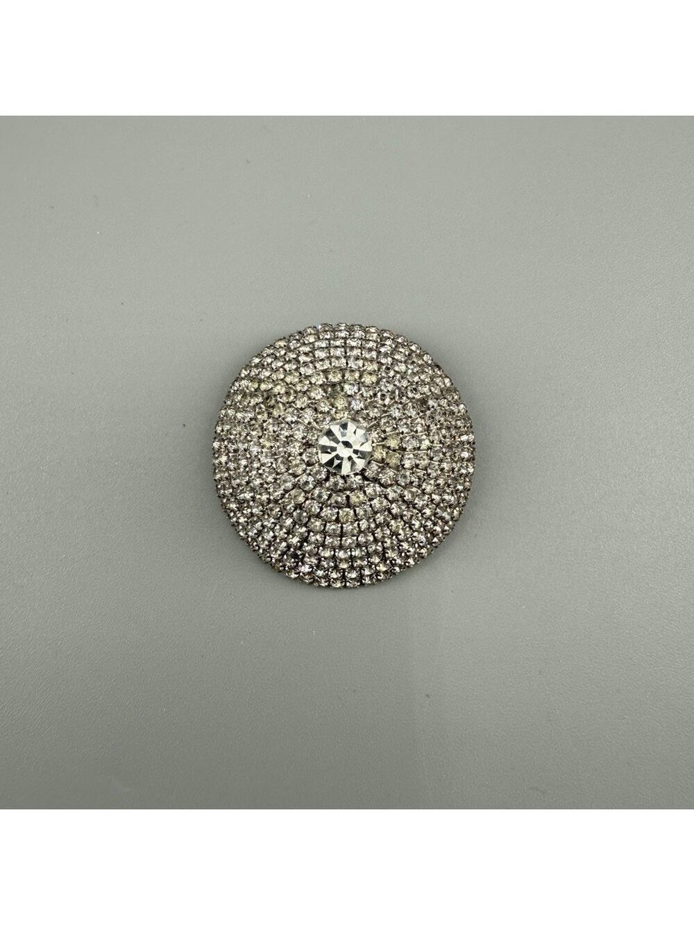 Vintage Large Domed Clear Rhinestone Brooch Silver Tone Round Statement Pin